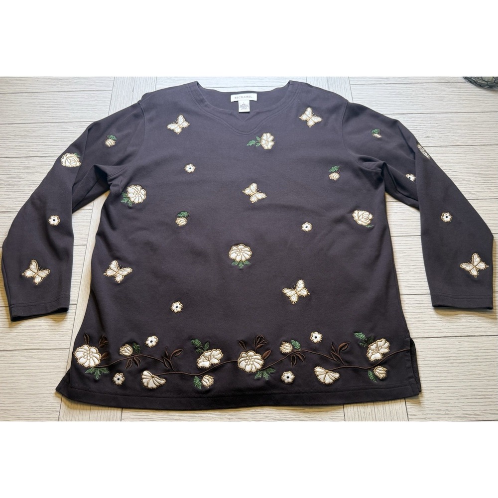 Béchamel Women's Brown Embroidered Butterfly Floral VTG Top Shirt‎ Sz L Cotton